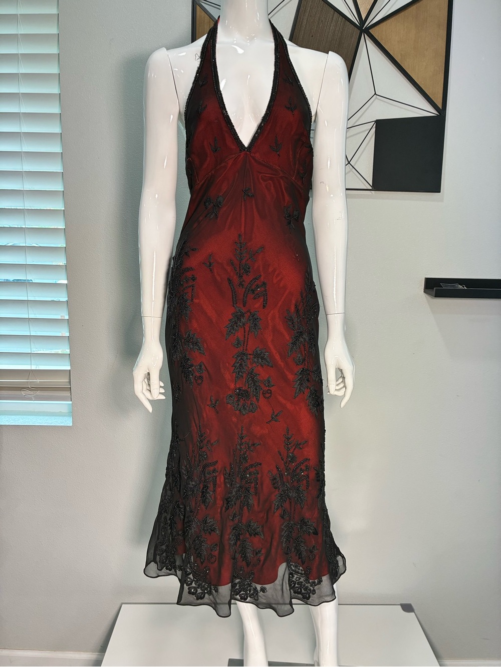 Elegant Red Halter Midi Dress with Black Embroidered Overlay